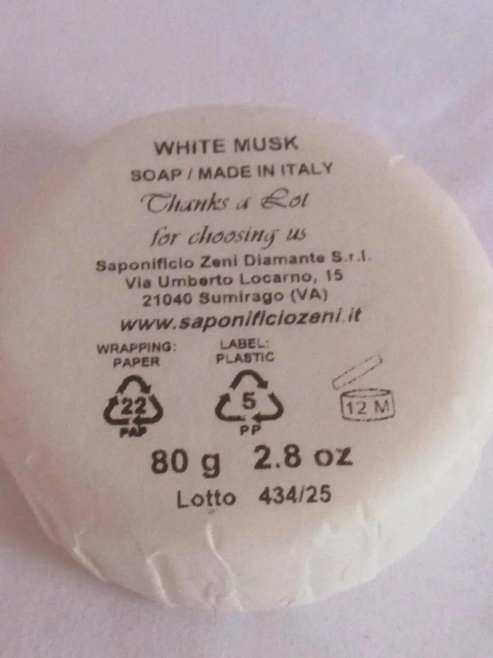DIAMANTE WHITE MUSK Veg. Based Round Individually Wrapped Soaps 4x2.8 oz. Italy